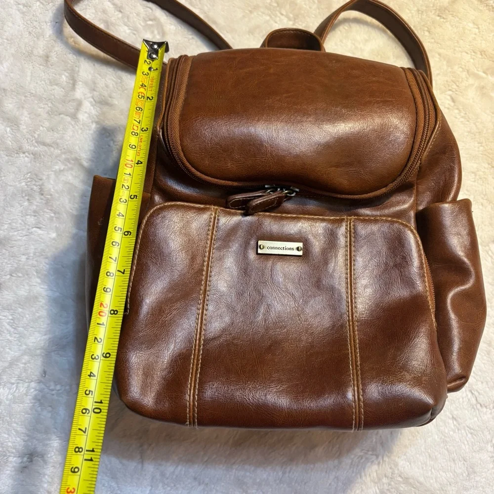 Connections Mini Backpack Tan Cognac Faux Leather Brass-tone Hardware Brown Intr